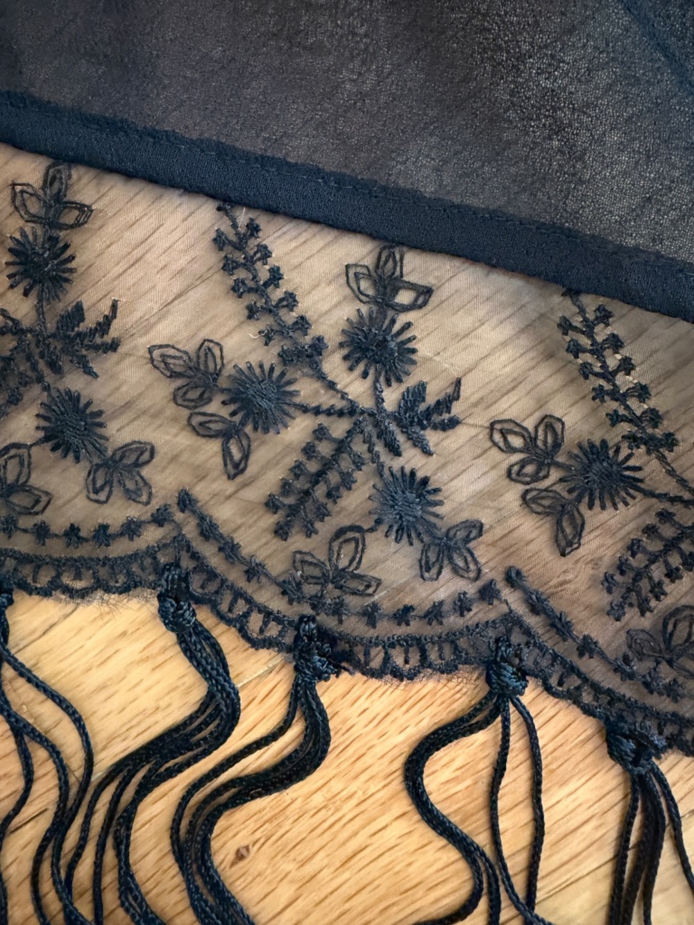Black Dressy Shawl Wrap with Fringe and Lace Semi Sheer - Picture 7 of 9